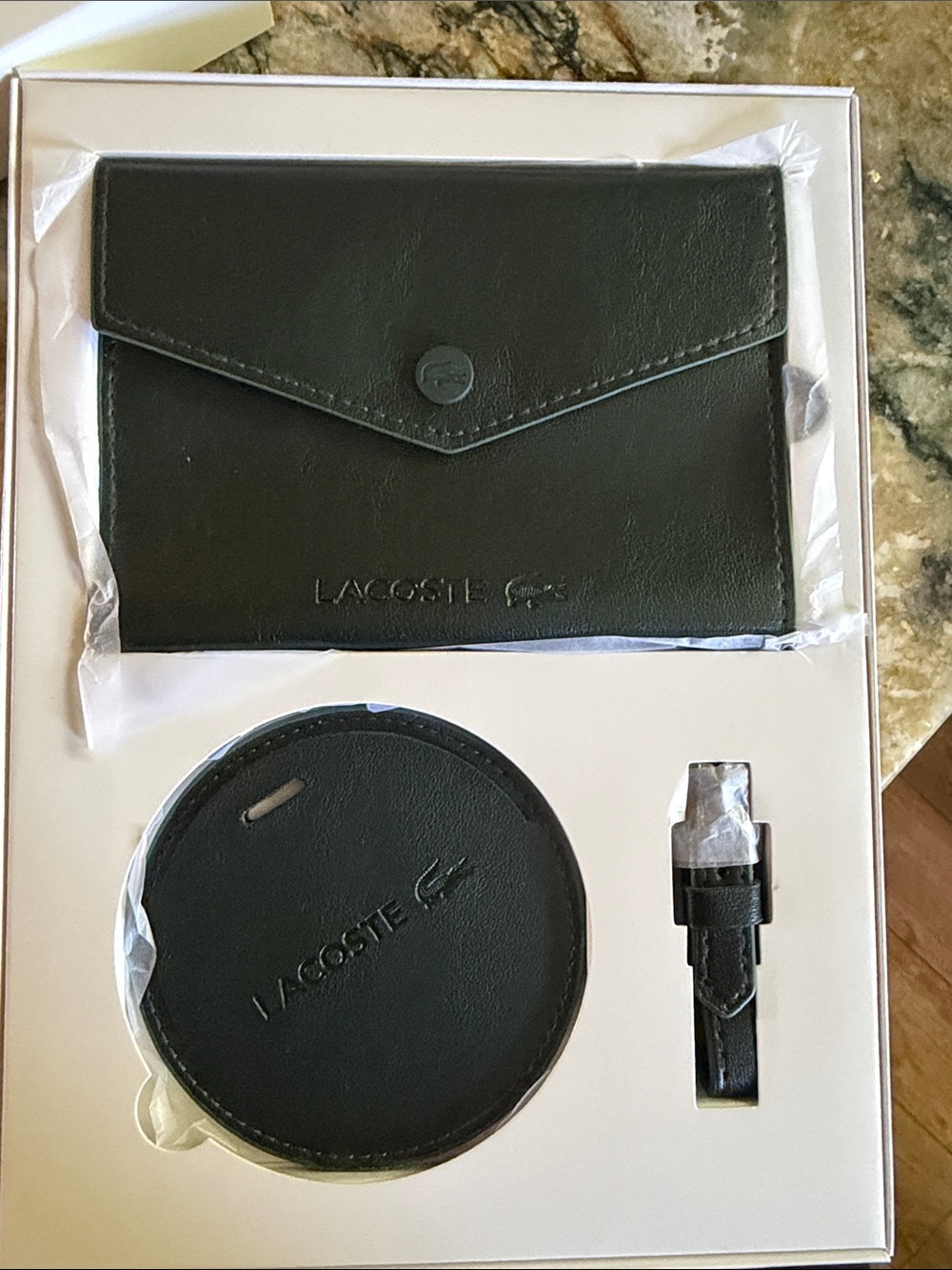 Lacoste green forest Leather Travel Accessory Set with Round Tag